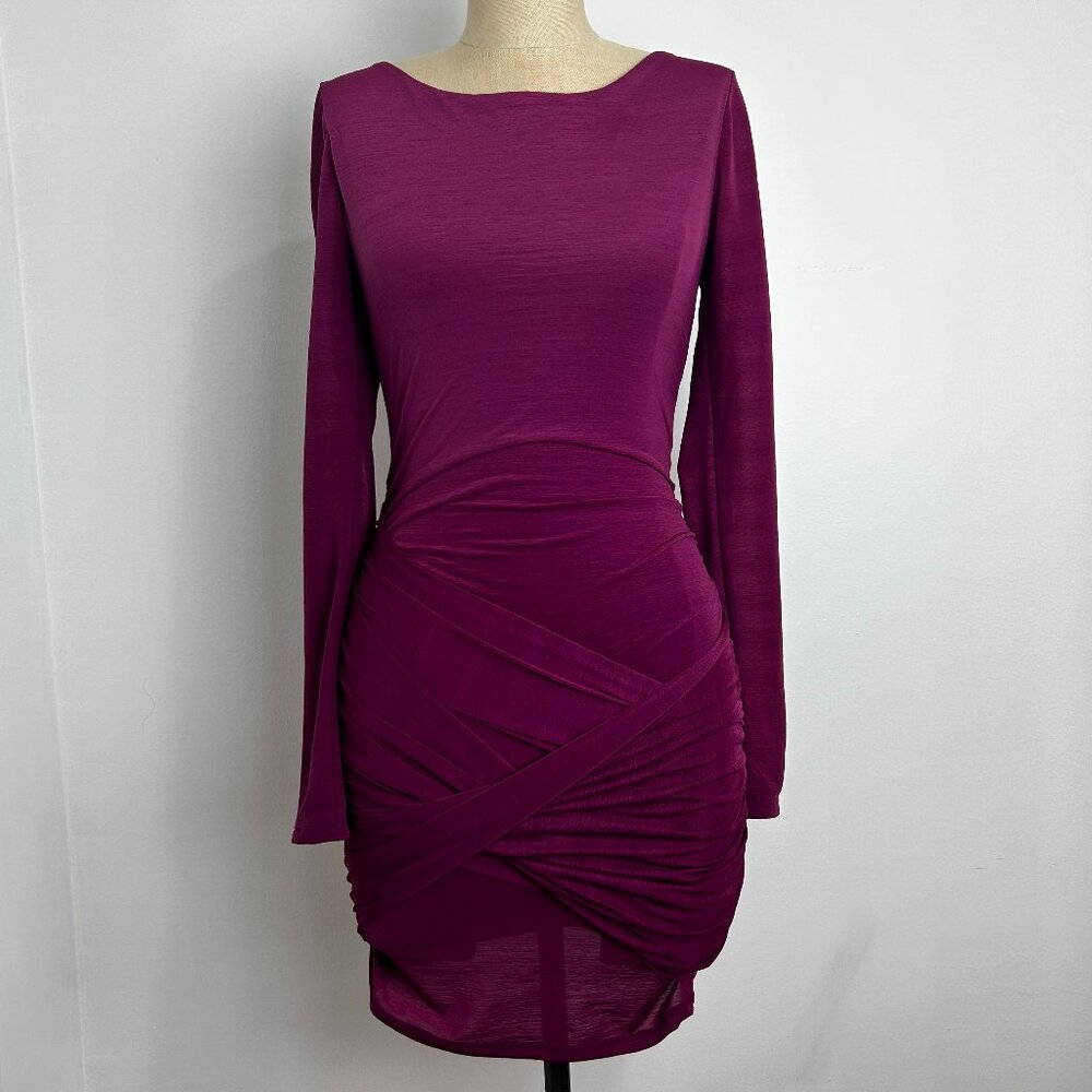GUESS Los Angeles Ruched Bodycon Mini Dress Long Sleeve Purple Plum